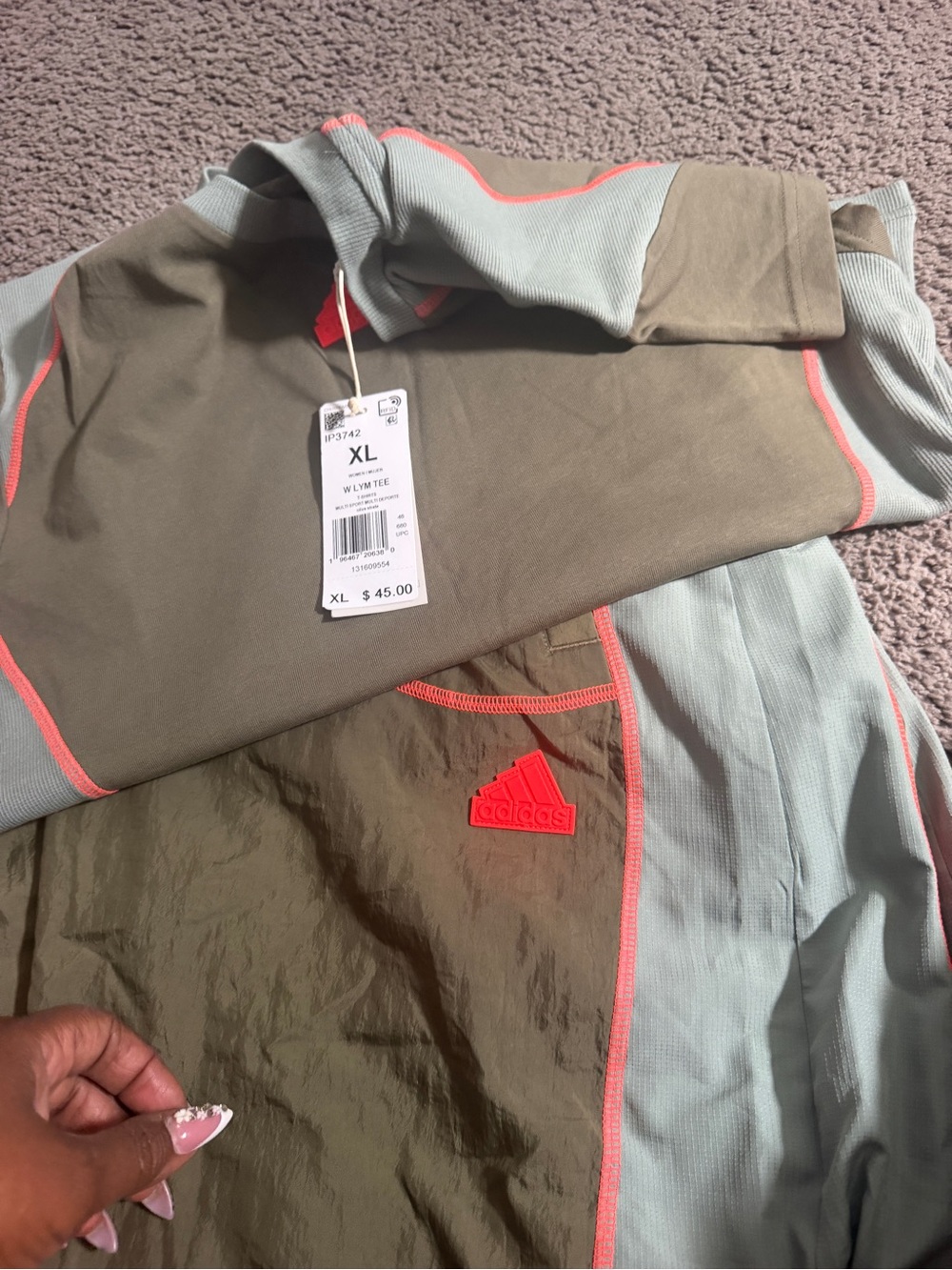 adidas Men’s Olive & Light Mint Athletic Shorts with Coral Accents